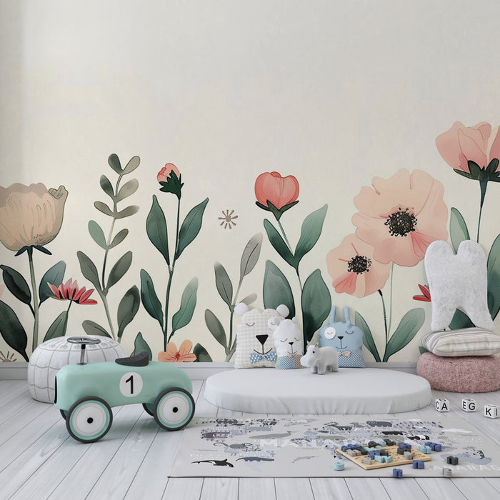 Børneværelse tapet | Pastel blomsterhave og bløde blomsterdrømme