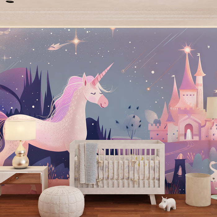 Papel pintado infantil | Ensueño mágico con unicornio y castillo estrellado