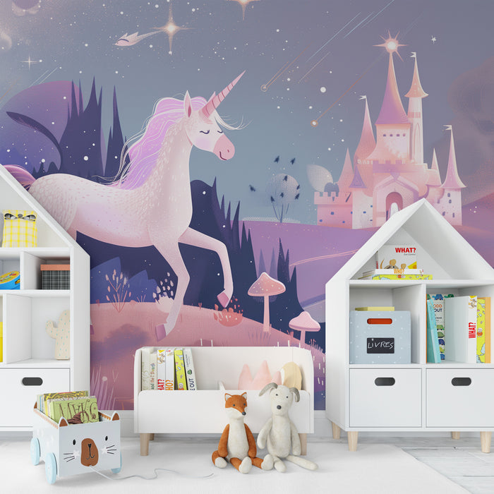 Papel pintado infantil | Ensueño mágico con unicornio y castillo estrellado
