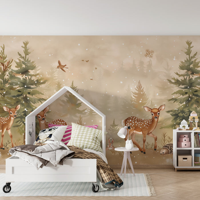 Kids room wallpaper | Enchanted forest with playful fawns and soft snow