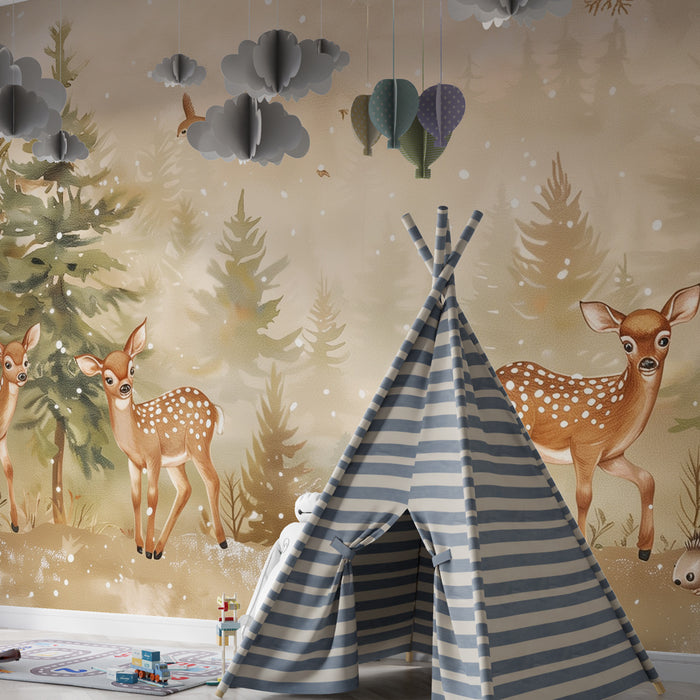 Kids room wallpaper | Enchanted forest with playful fawns and soft snow