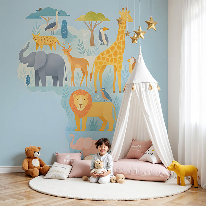 Papier peint chambre enfant | Safari animaux colorés