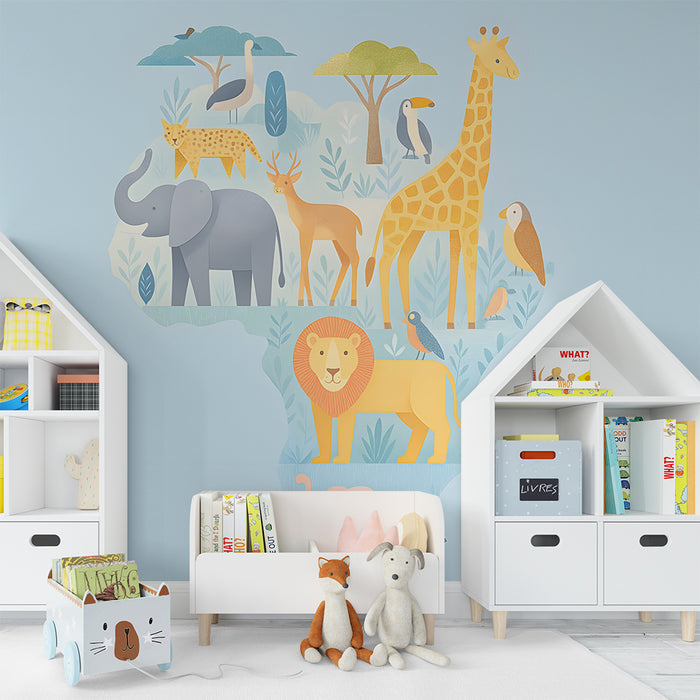 Papier peint chambre enfant | Safari animaux colorés