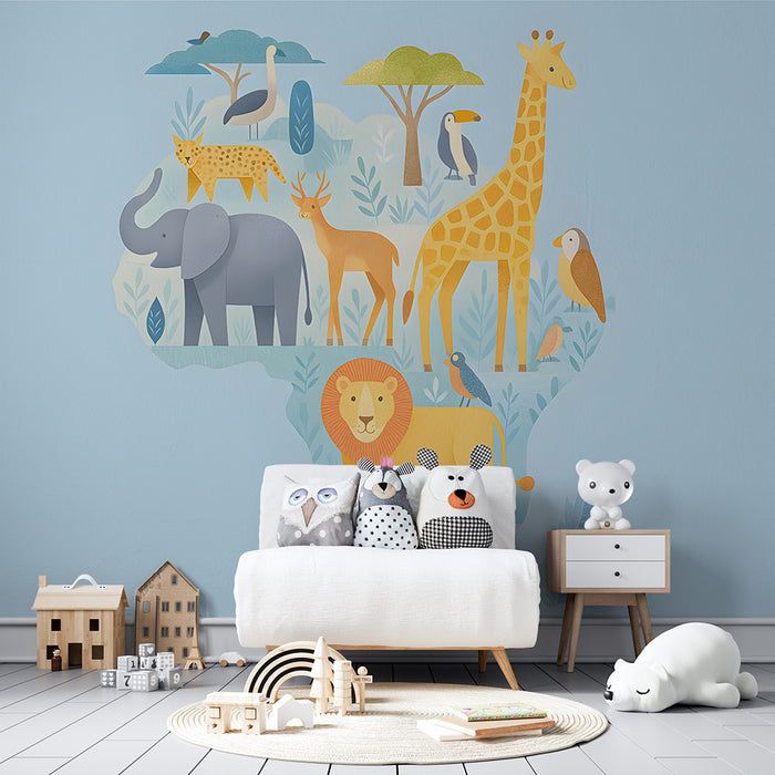 Papier peint chambre enfant | Safari animaux colorés