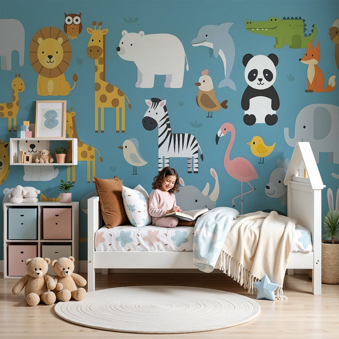 Papier peint chambre enfant | Animaux joyeux et colorés