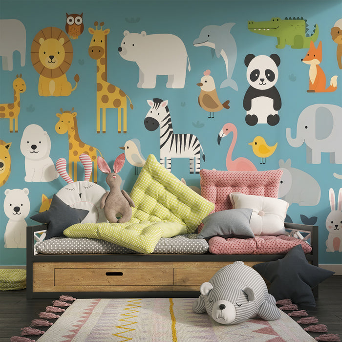 Papier peint chambre enfant | Animaux joyeux et colorés