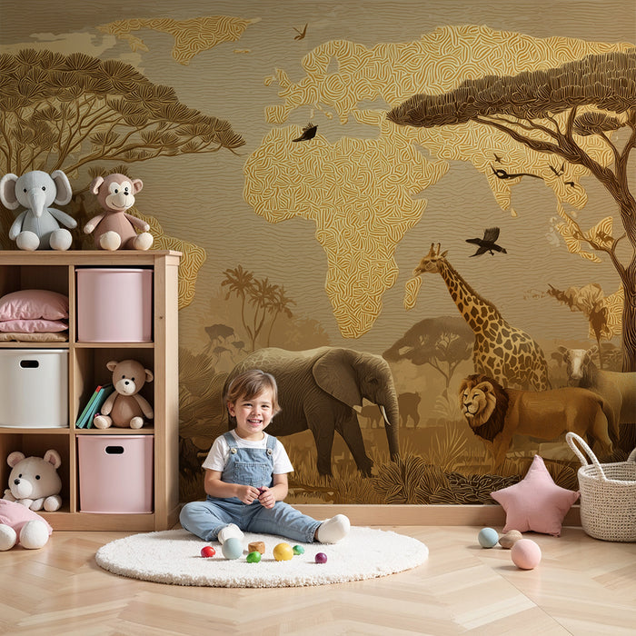 Kinderzimmer Tapete | Afrikanische Safari und Weltkarte