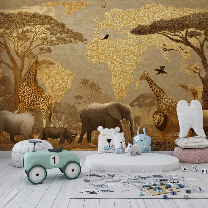 Kinderzimmer Tapete | Afrikanische Safari und Weltkarte