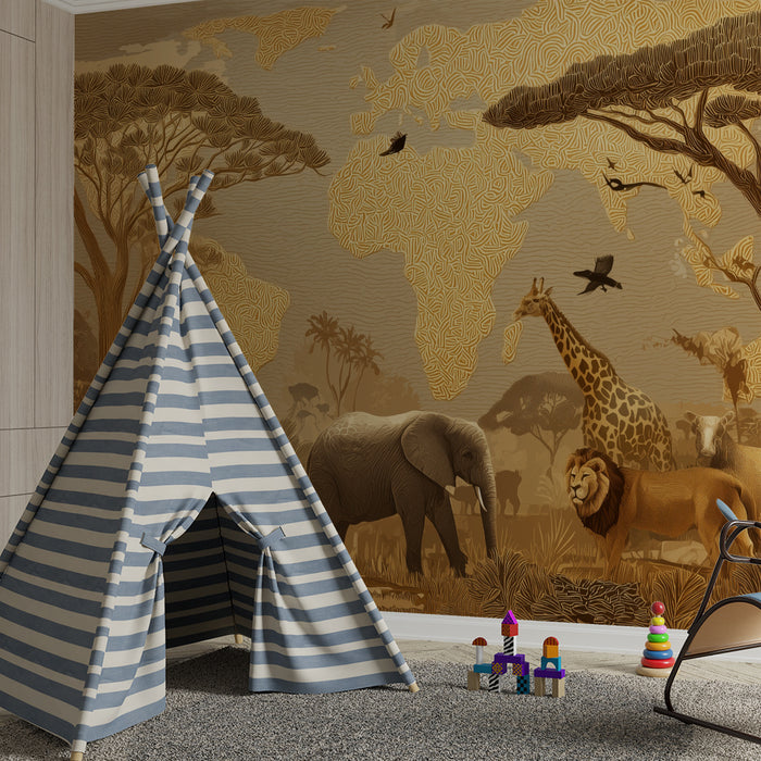 Kinderzimmer Tapete | Afrikanische Safari und Weltkarte