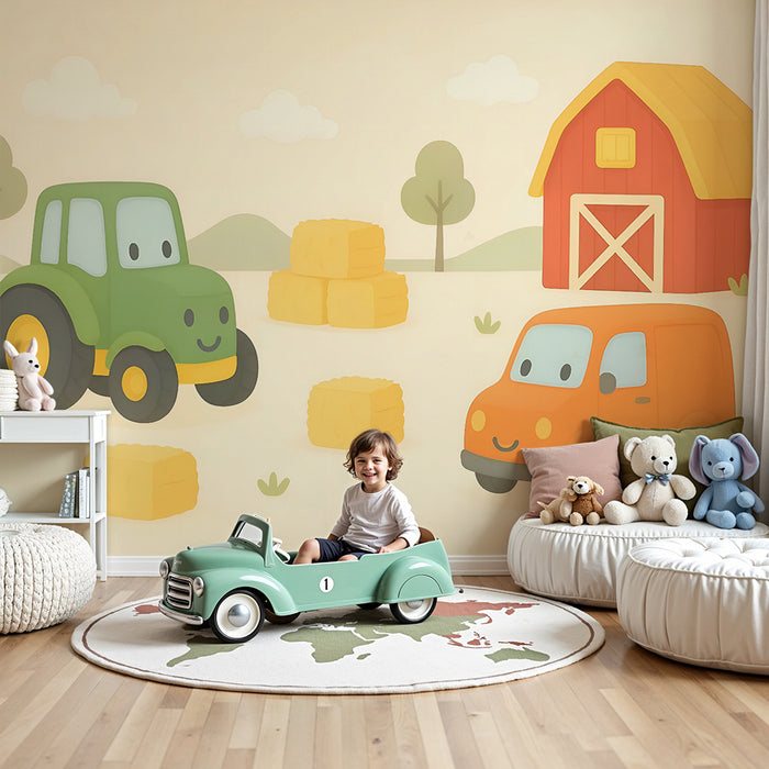Kinderkamer behang | Vrolijke tractoren op de boerderij