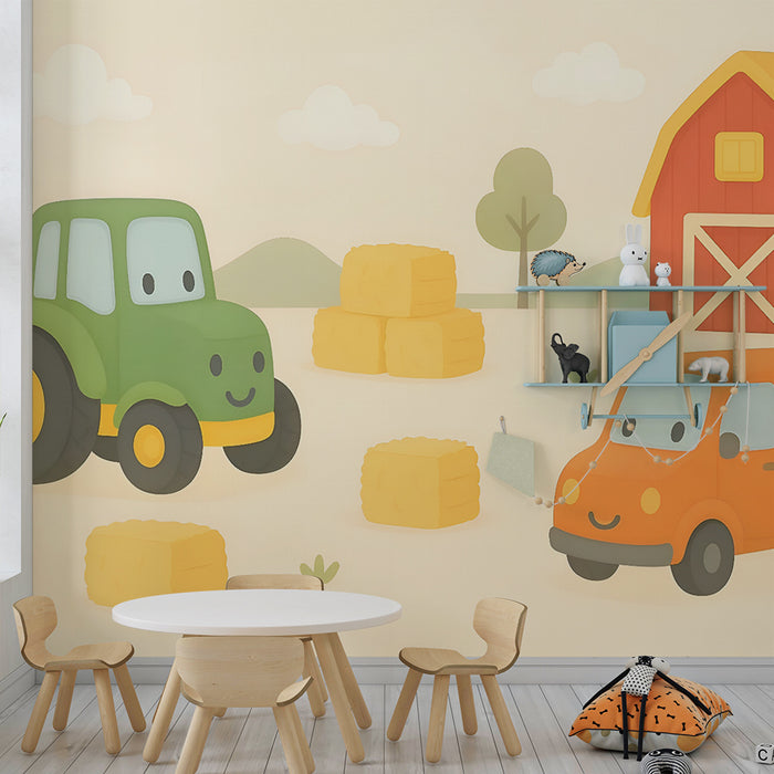 Kinderkamer behang | Vrolijke tractoren op de boerderij