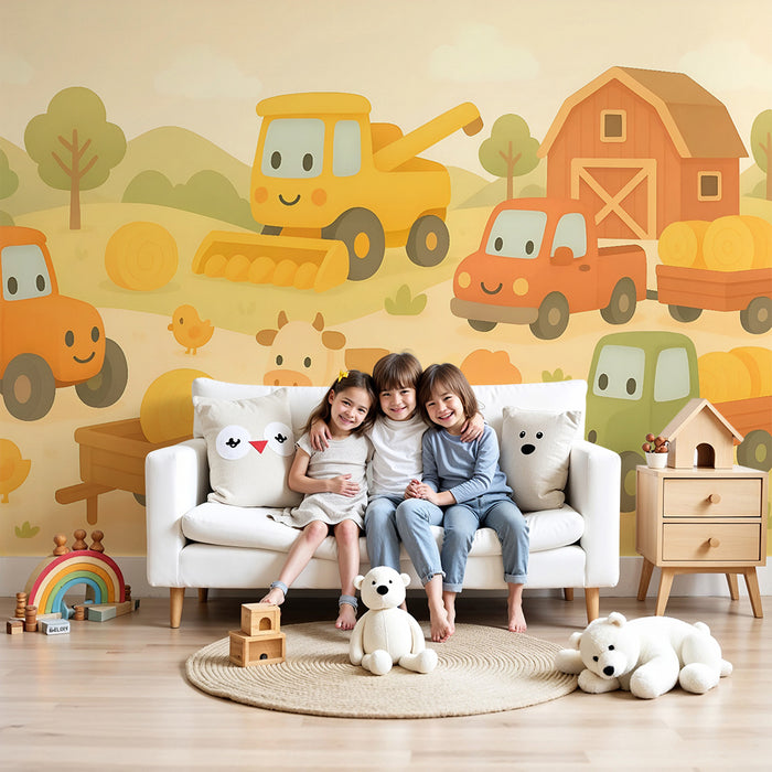 Papier peint chambre enfant | Ferme joyeuse et véhicules amusants