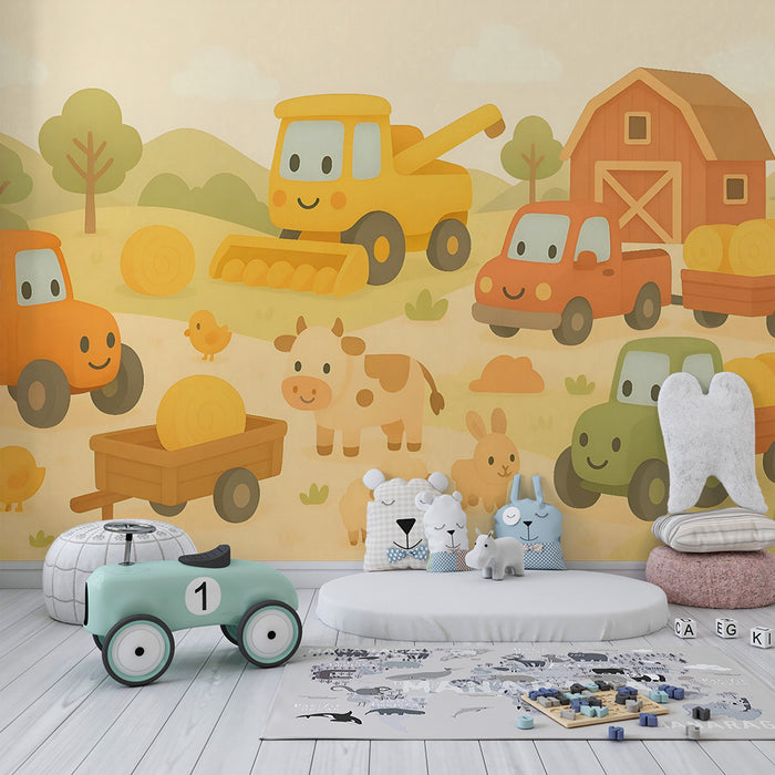 Papier peint chambre enfant | Ferme joyeuse et véhicules amusants