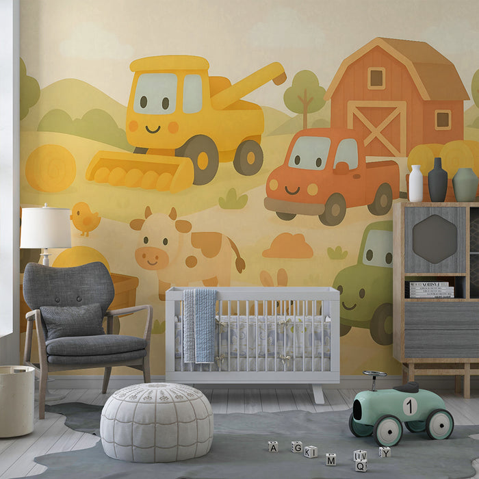 Papier peint chambre enfant | Ferme joyeuse et véhicules amusants