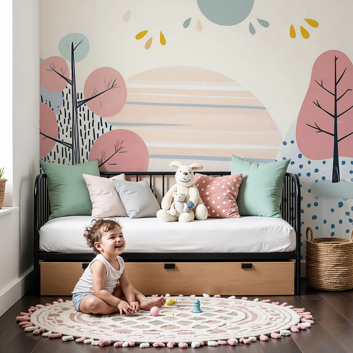 Papel pintado infantil | Paisaje gráfico pastel