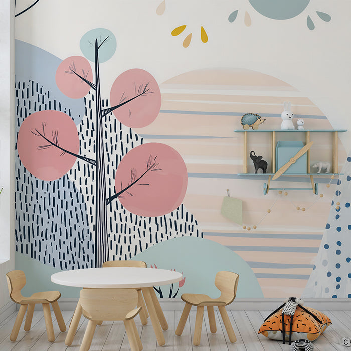 Papel pintado infantil | Paisaje gráfico pastel