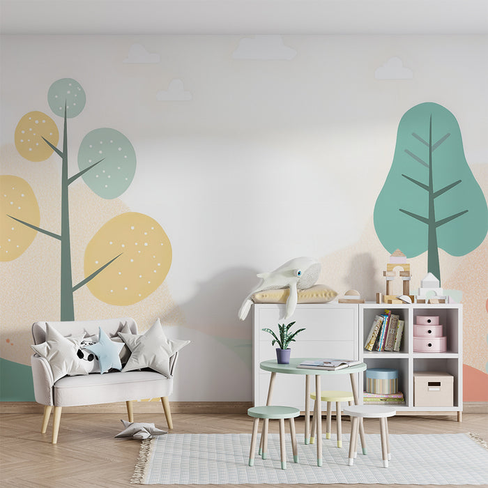 Babykamer behang | Pastel landschap en gestileerde bomen