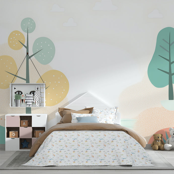 Babykamer behang | Pastel landschap en gestileerde bomen