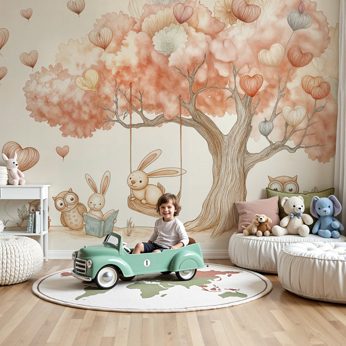 Papier peint enfants | Arbre et animaux mignons