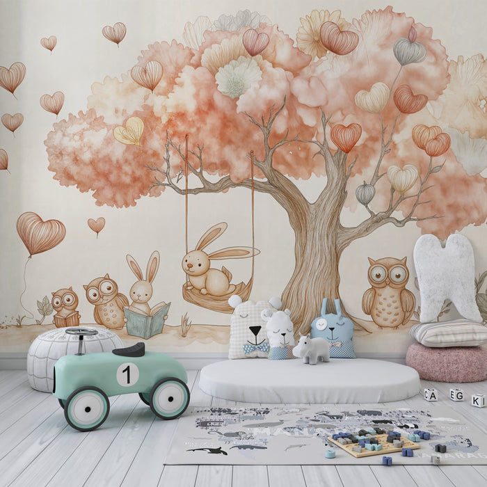 Papier peint enfants | Arbre et animaux mignons