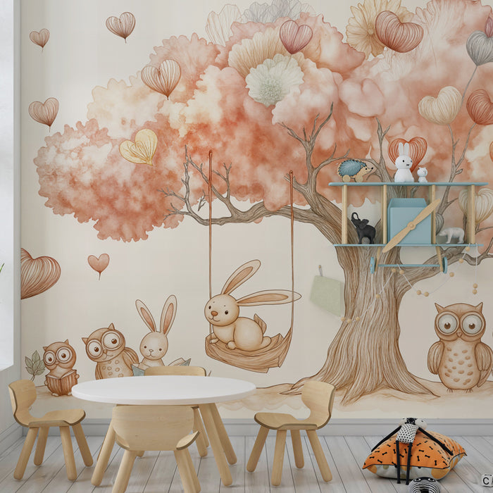 Papier peint enfants | Arbre et animaux mignons