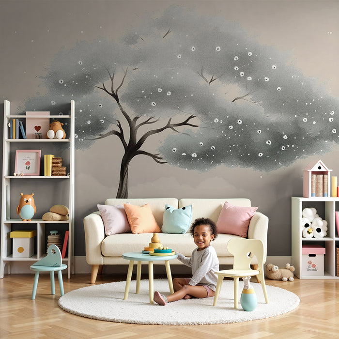 Papel pintado infantil | Árbol onírico en suave neblina
