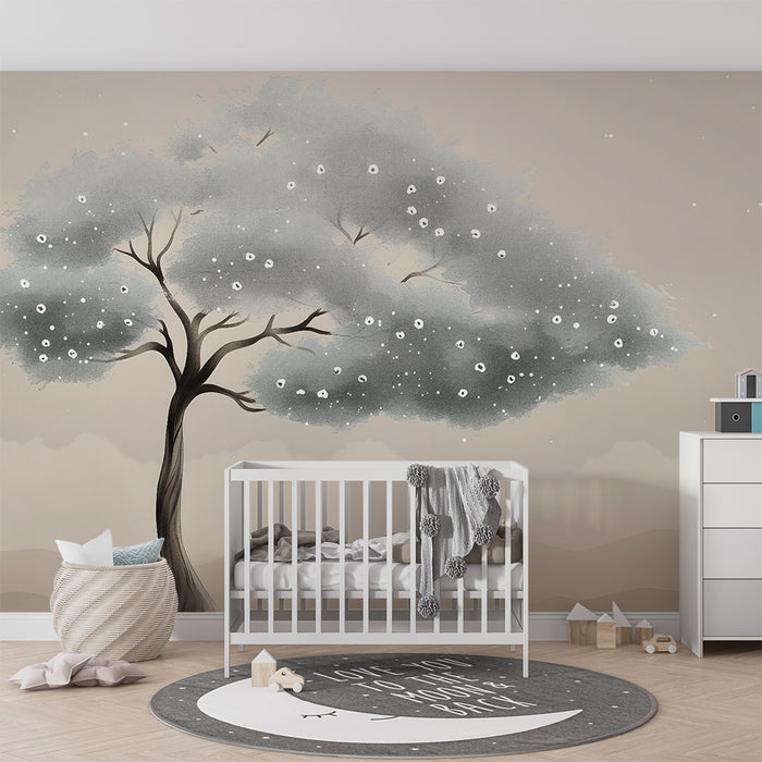 Papel pintado infantil | Árbol onírico en suave neblina