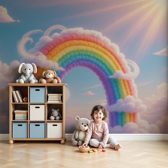 Papel pintado infantil | Arco iris mágico y nubes esponjosas