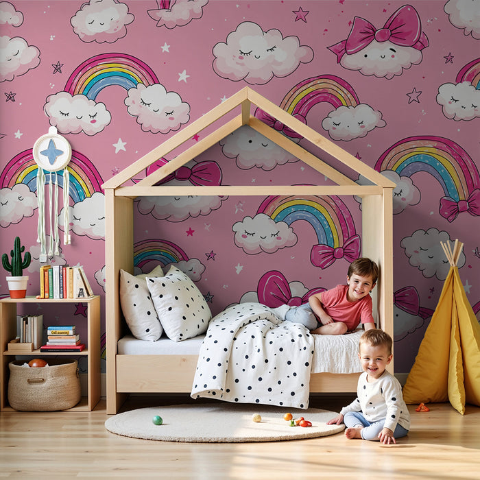 Tapety dla dzieci chmury tęczowe | Różowy i radosny wzór