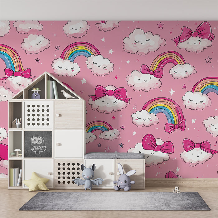 Tapety dla dzieci chmury tęczowe | Różowy i radosny wzór