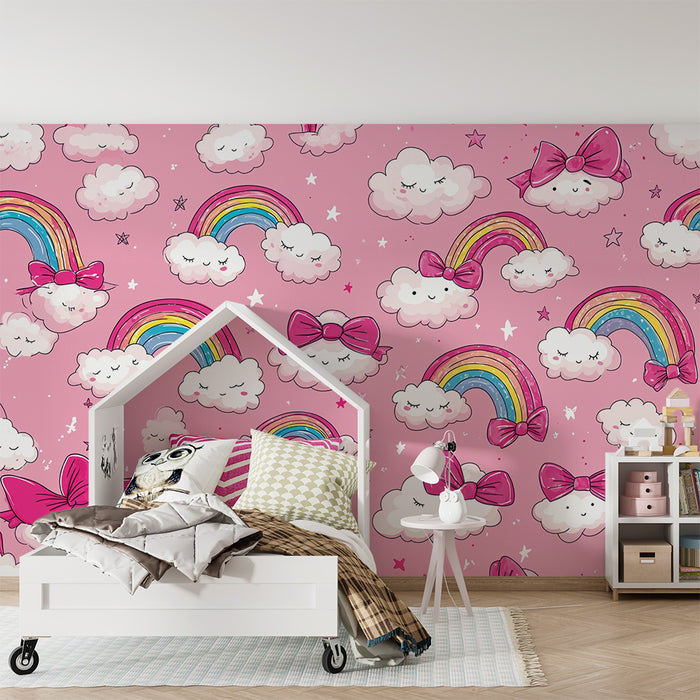 Tapety dla dzieci chmury tęczowe | Różowy i radosny wzór