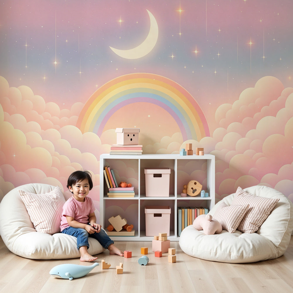 Rainbow wallpaper | Pastel clouds and starry sky — Kids Wall