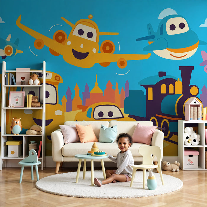 Papel pintado infantil | Vehículos felices en el cielo
