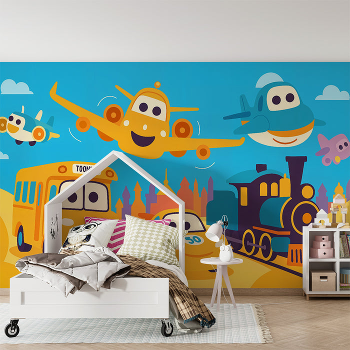 Papel pintado infantil | Vehículos felices en el cielo