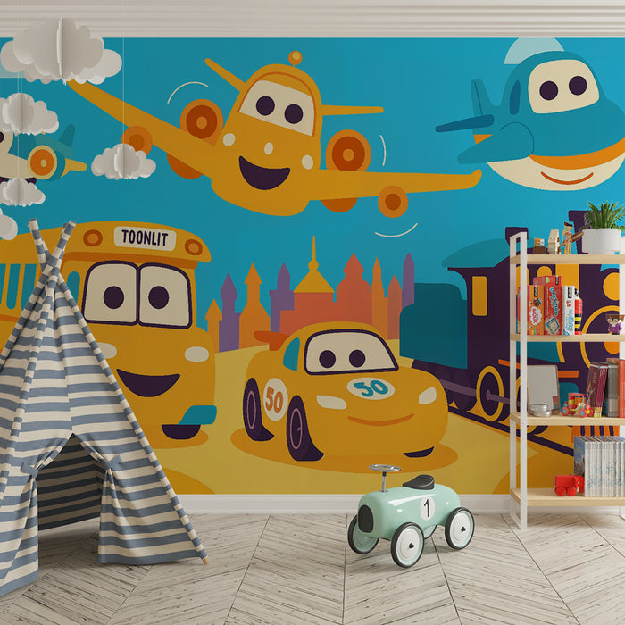 Papel pintado infantil | Vehículos felices en el cielo