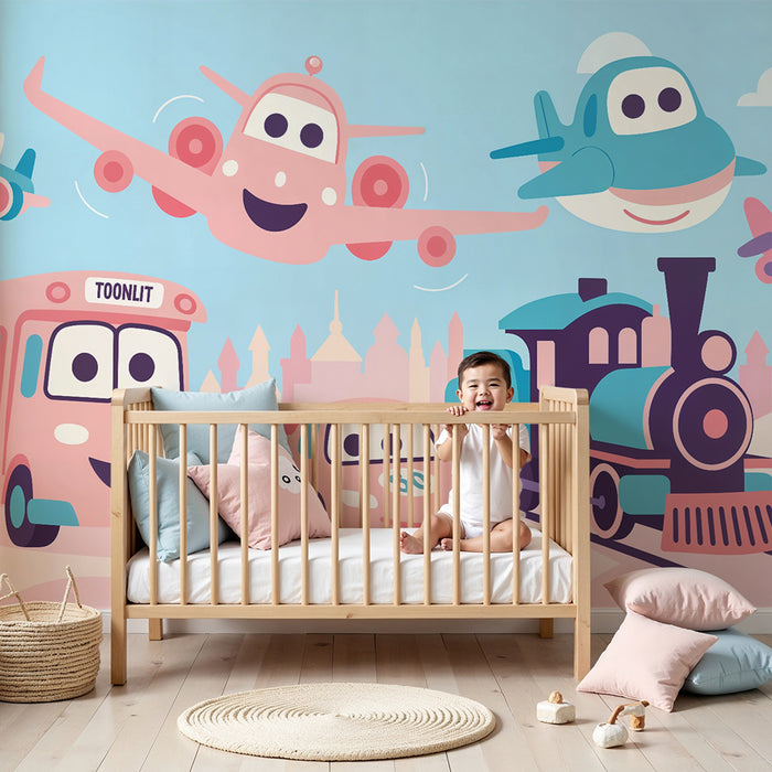 Kinderzimmer Tapete | Fröhliche und bunte Fahrzeuge in Rosa