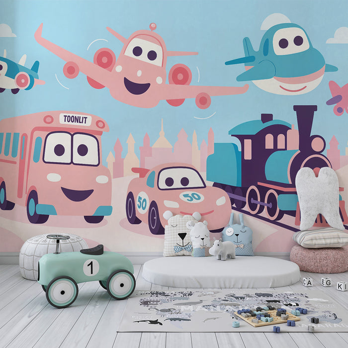 Kinderzimmer Tapete | Fröhliche und bunte Fahrzeuge in Rosa