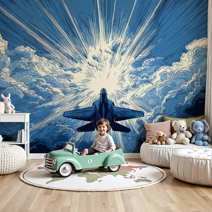Kinderzimmer Tapete | Flugzeug durch die Wolken