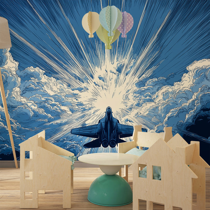 Kinderzimmer Tapete | Flugzeug durch die Wolken