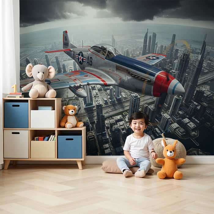 Kids room wallpaper | Retro airplane and urban skyline