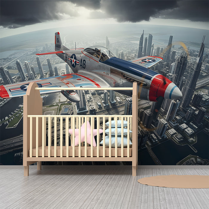 Kids room wallpaper | Retro airplane and urban skyline