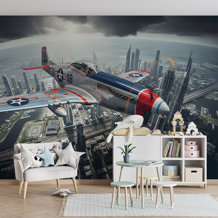 Kids room wallpaper | Retro airplane and urban skyline