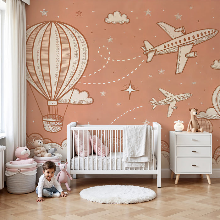 Tapet aerian | Balon cu aer cald și avioane în cerul înstelat