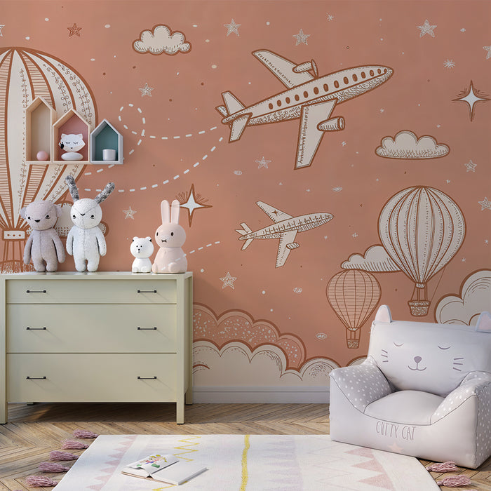 Tapet aerian | Balon cu aer cald și avioane în cerul înstelat