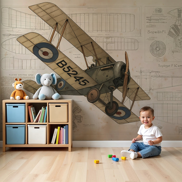 Kinderkamer behang | Vintage vliegtuig en technische plannen