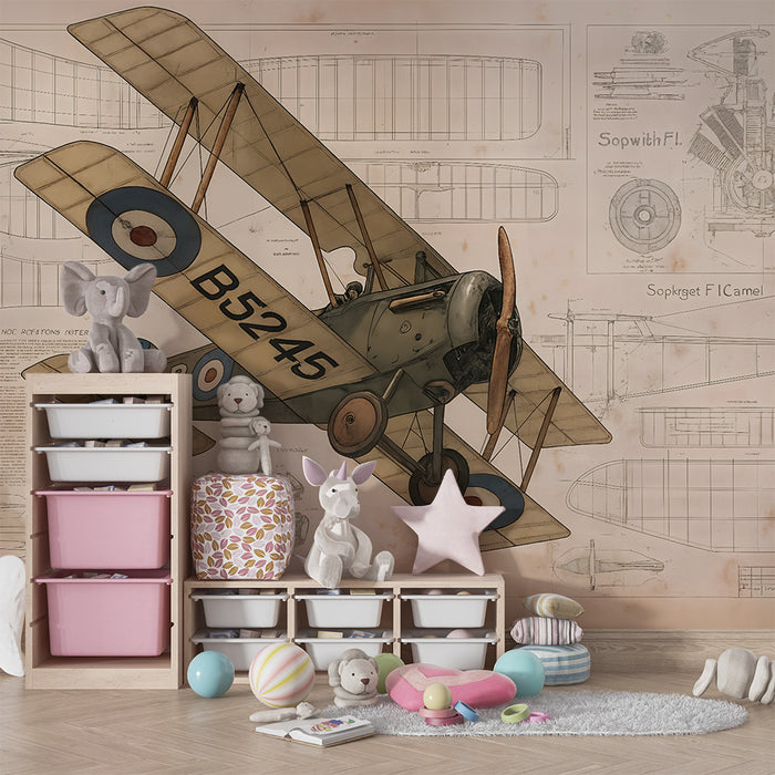 Kinderkamer behang | Vintage vliegtuig en technische plannen