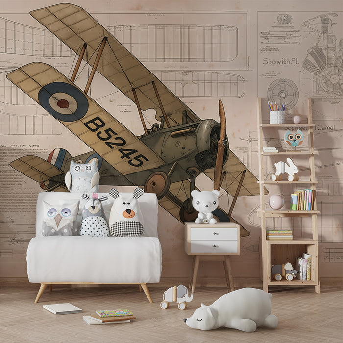 Kinderkamer behang | Vintage vliegtuig en technische plannen