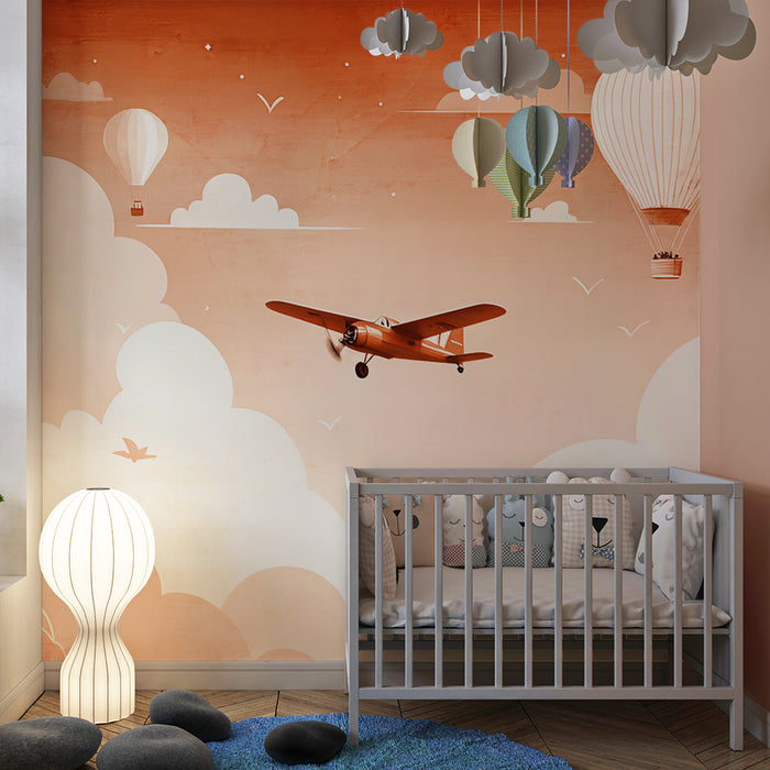 Tapet s avion i baloni | Приключение винтидж в цветно небе