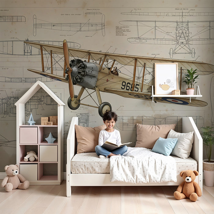 Papel de parede criança | Aviões vintage e esboços técnicos