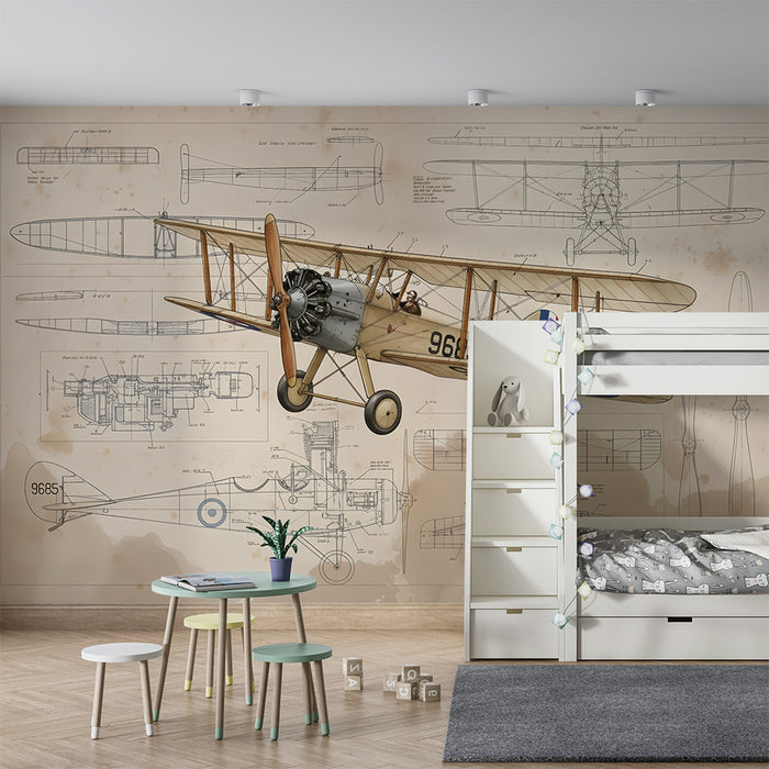 Papel de parede criança | Aviões vintage e esboços técnicos
